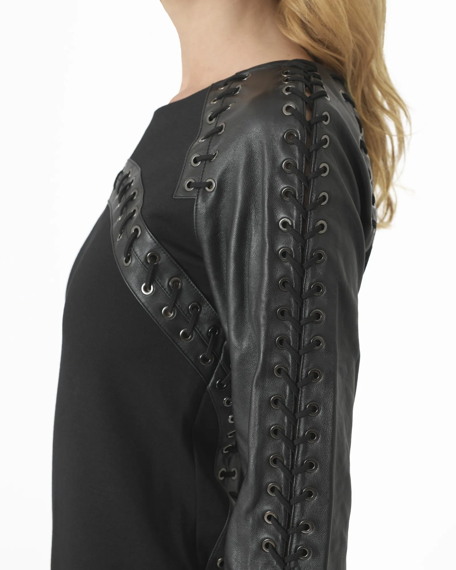 Robe crayon noir avec empiècement et tressage en cuir Balmain 