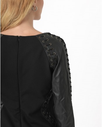 Robe crayon noir avec empiècement et tressage en cuir Balmain 