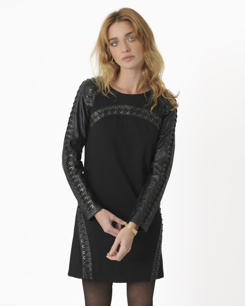 Robe crayon noir avec empiècement et tressage en cuir Balmain 