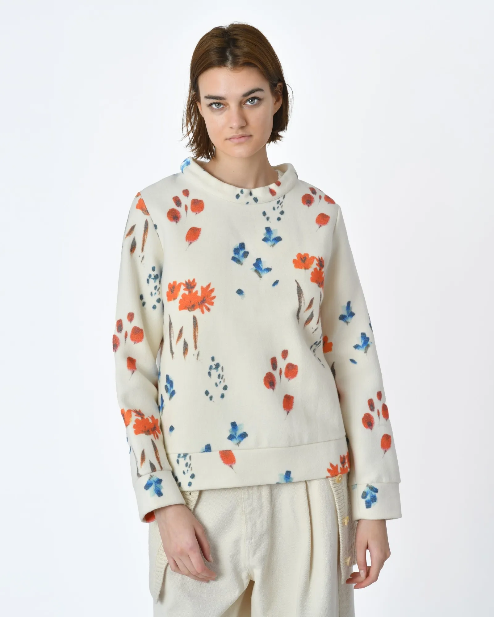 Pull blanc écru motif fleurs Lauret 