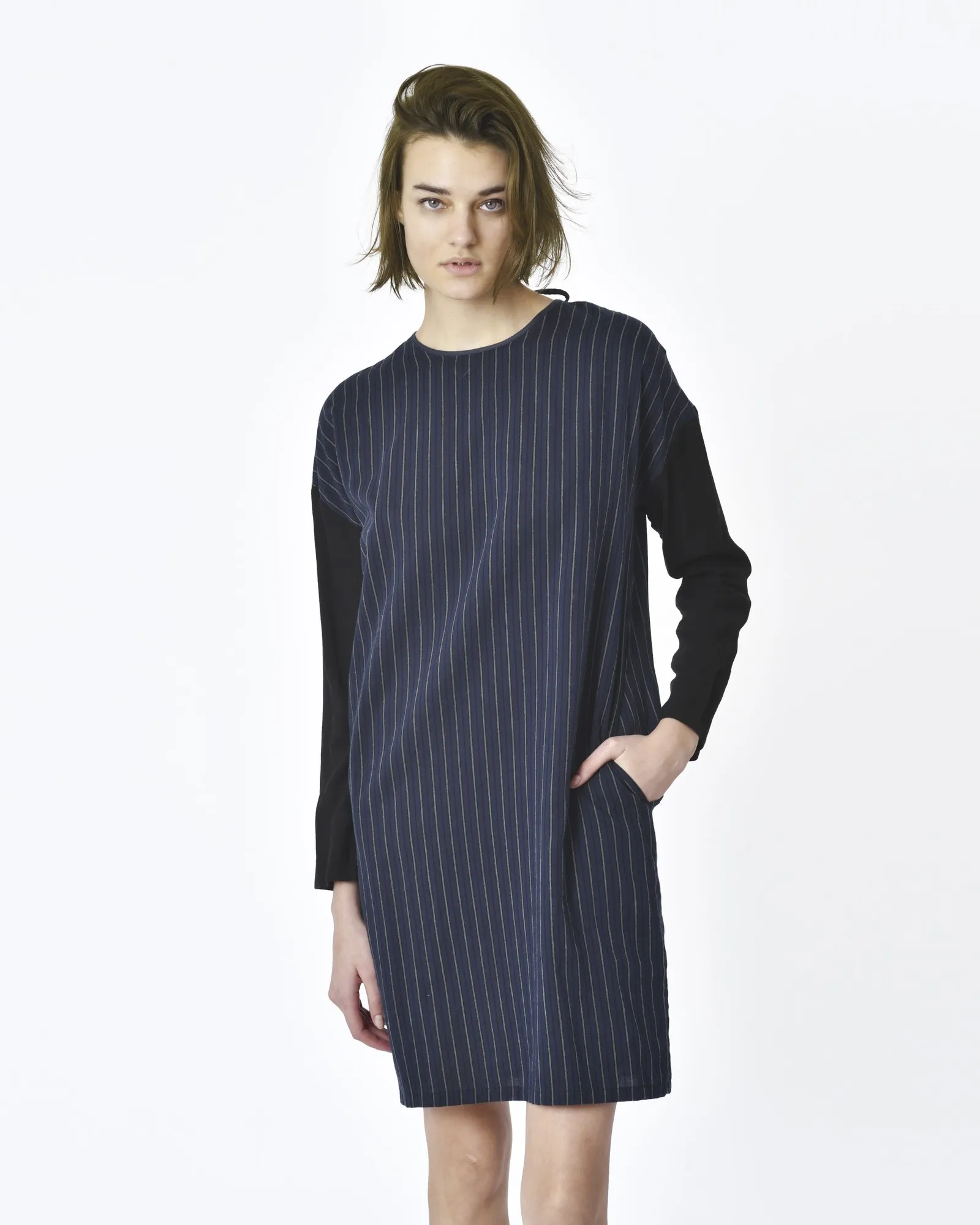 Robe manche longue rayé bleu marine, noir Avn 