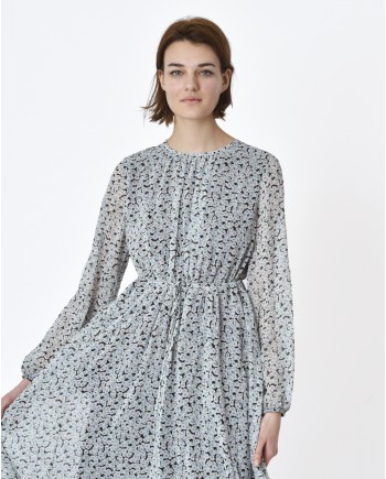 Robe longue à fleurs bleu sur fond noir Idano 