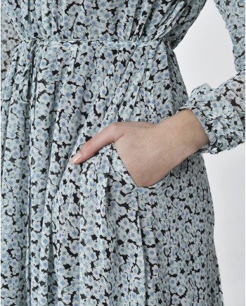 Robe longue à fleurs bleu sur fond noir Idano 