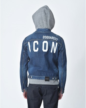 Veste jean / Denim motif "ICON" dos à capuche molleton  Dsquared2 