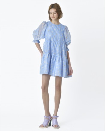 Robe bleue rayée motif all over marguerites Edward Achour 