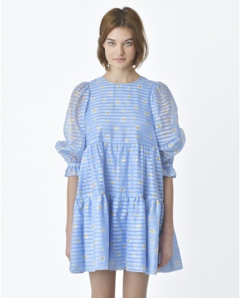 Robe bleue rayée motif all over marguerites Edward Achour 