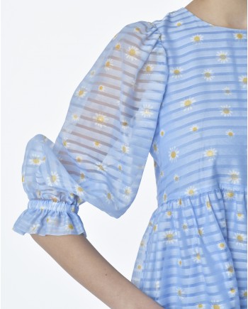 Robe bleue rayée motif all over marguerites Edward Achour 