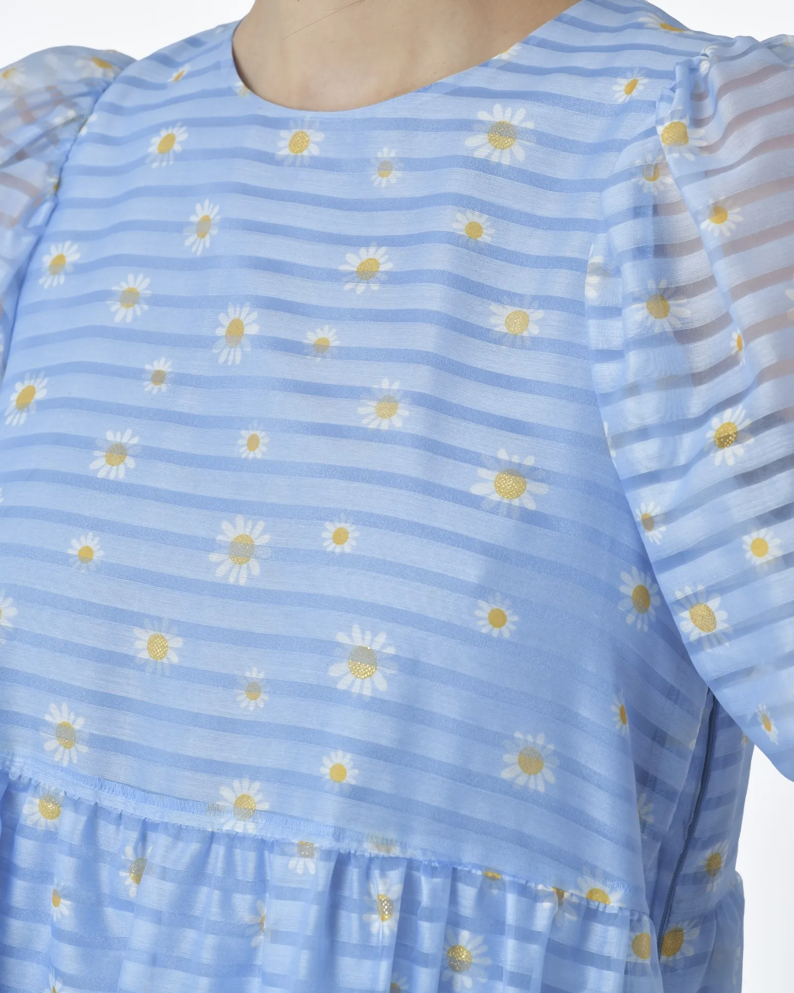 Robe bleue rayée motif all over marguerites Edward Achour 