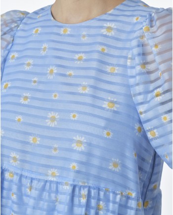 Robe bleue rayée motif all over marguerites Edward Achour 