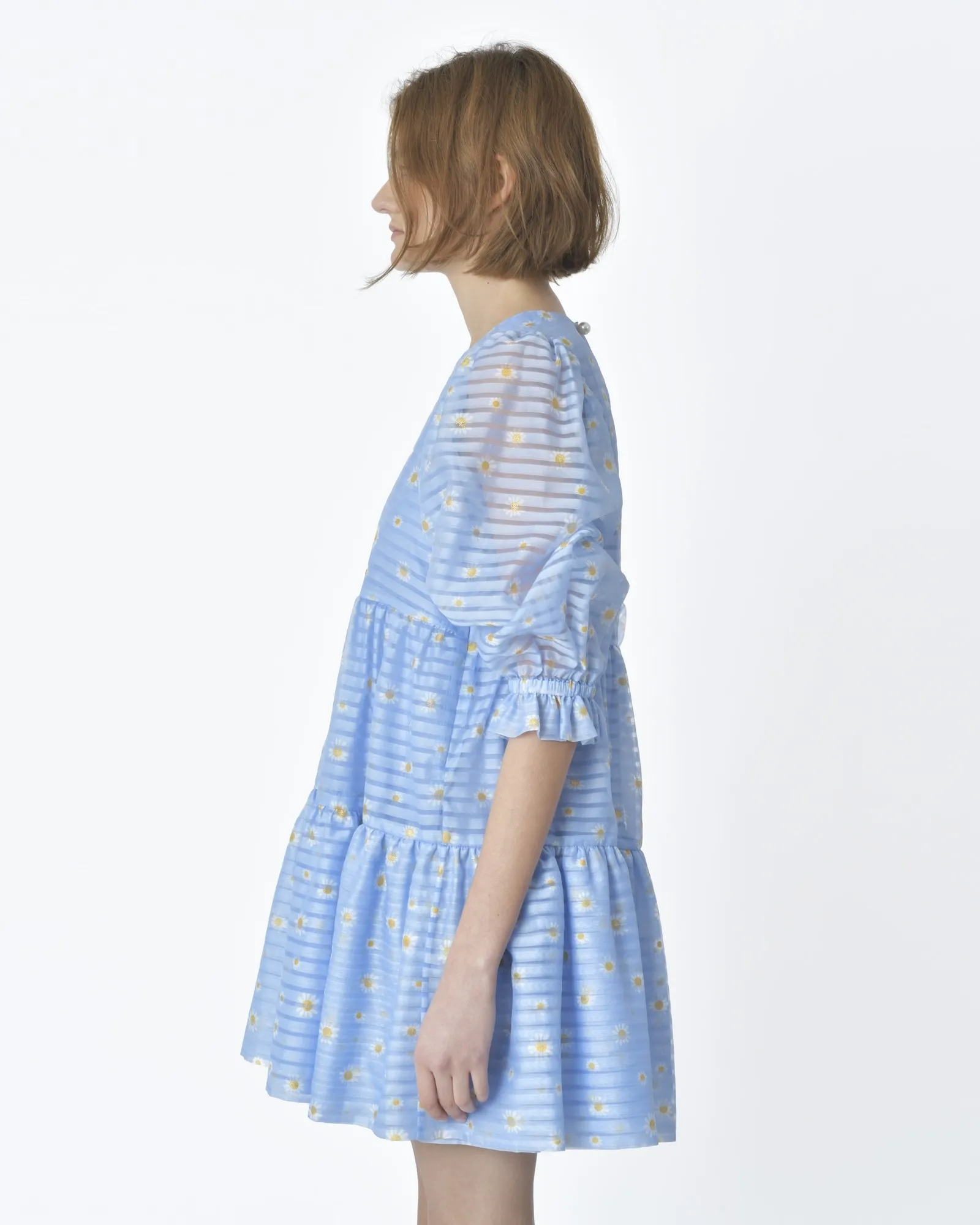 Robe bleue rayée motif all over marguerites Edward Achour 