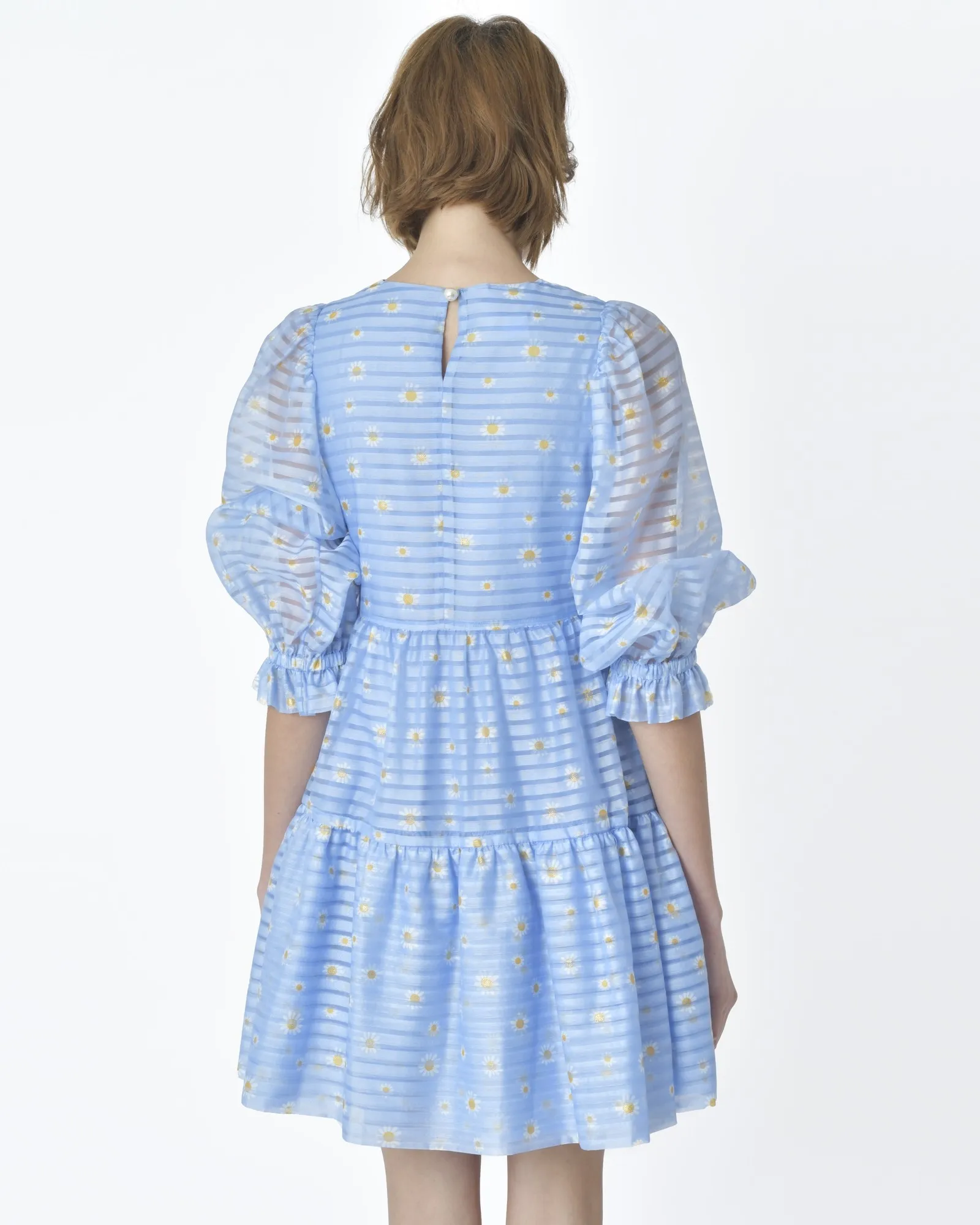 Robe bleue rayée motif all over marguerites Edward Achour 