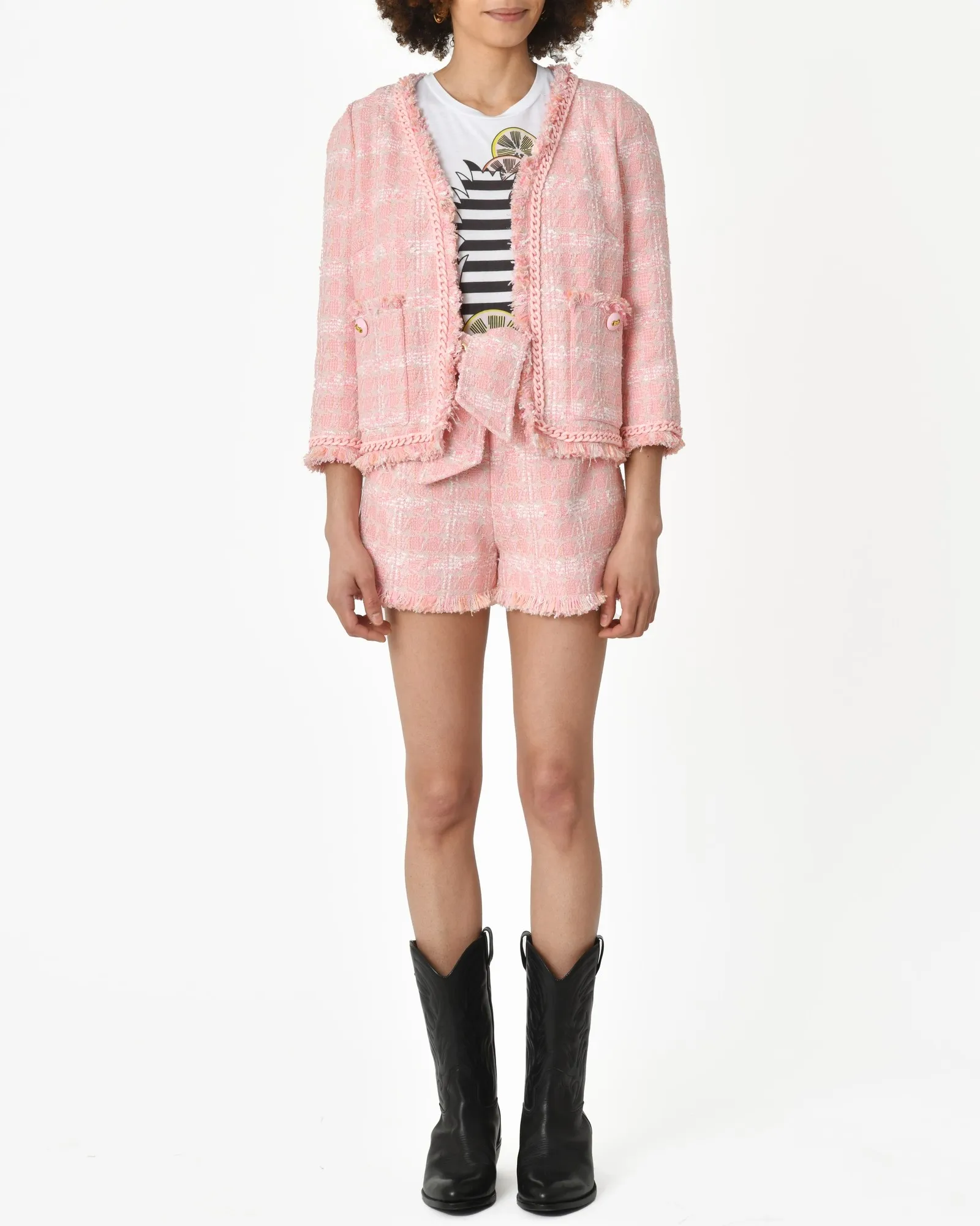 Short en tweed rose avec ceinture Edward Achour 