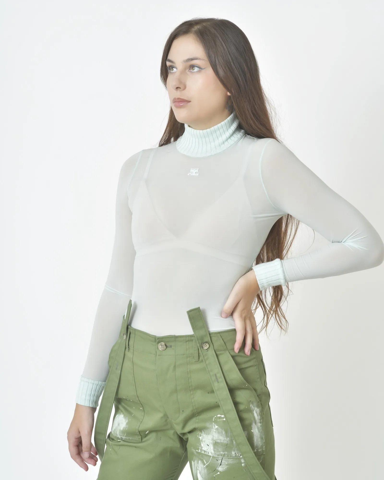 Sous-pull en cupro élastique vert Courrèges 