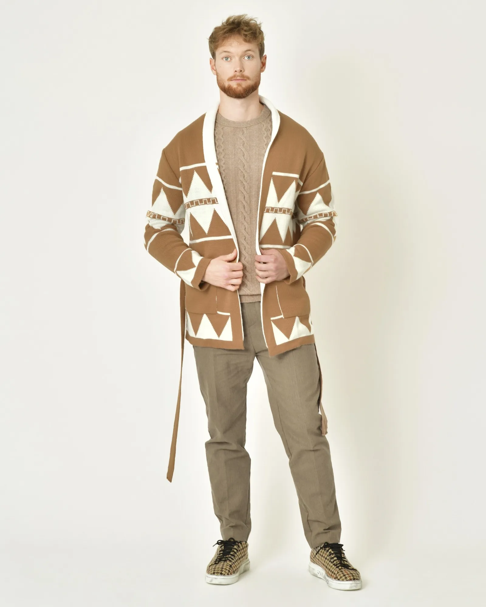 Cardigan à motifs géométriques beige Xagon Man 