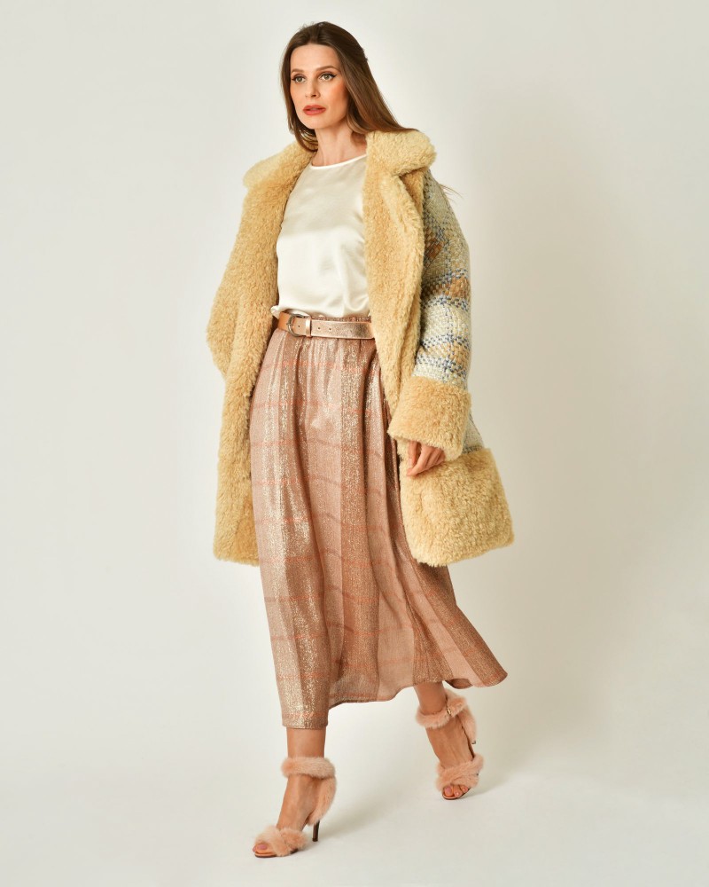 Manteau en fourrure synthétique et tweed beige Edward Achour 