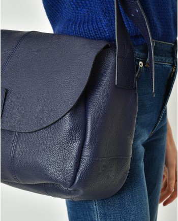 Sac porté épaule en cuir texturé bleu Falorni 