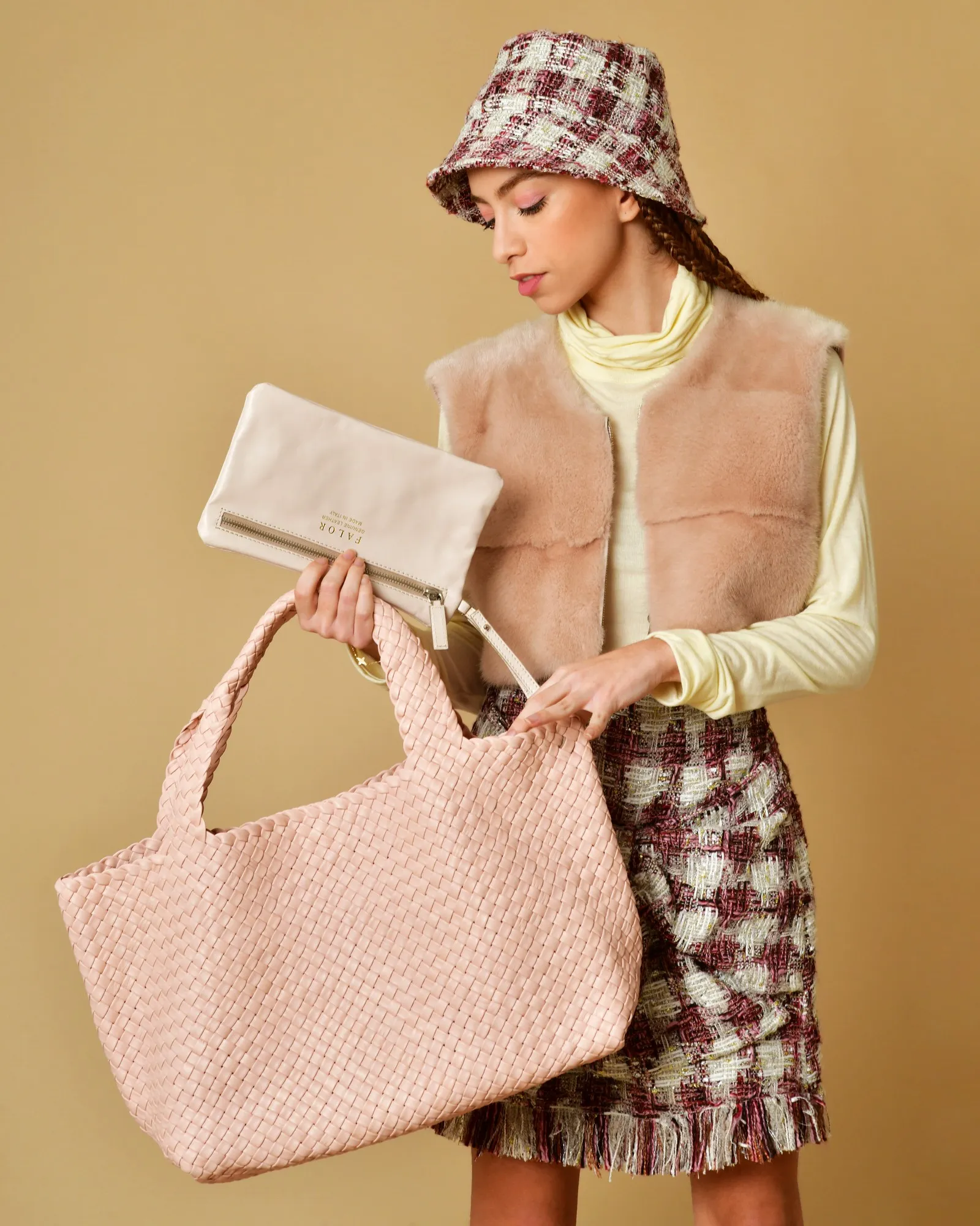 Sac cabas en cuir tressé rose Falorni 