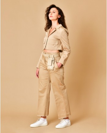 Pantalon en coton beige avec surpiqûres rouges Beatrice B 