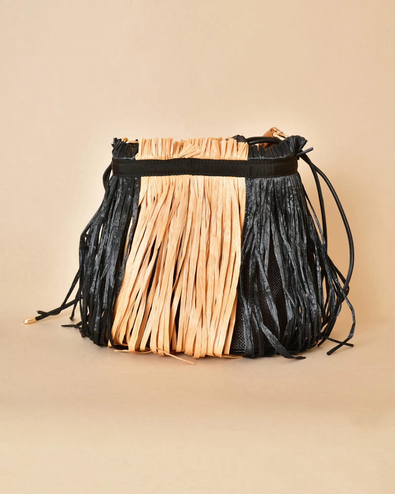 Sac seau en cuir et raphia beige et noir Anita Bilardi 