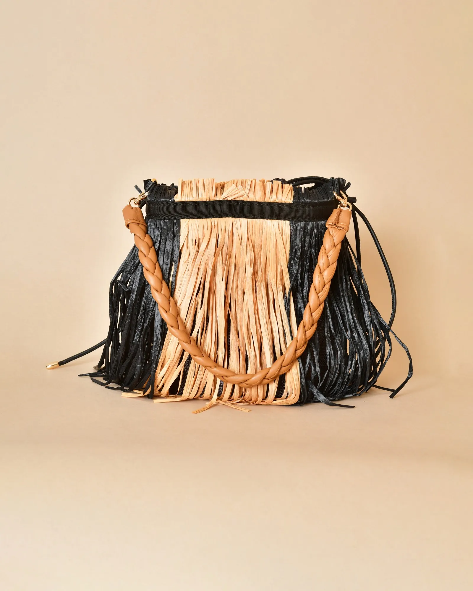 Sac seau en cuir et raphia beige et noir Anita Bilardi 