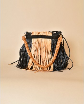 Sac seau en cuir et raphia beige et noir Anita Bilardi 