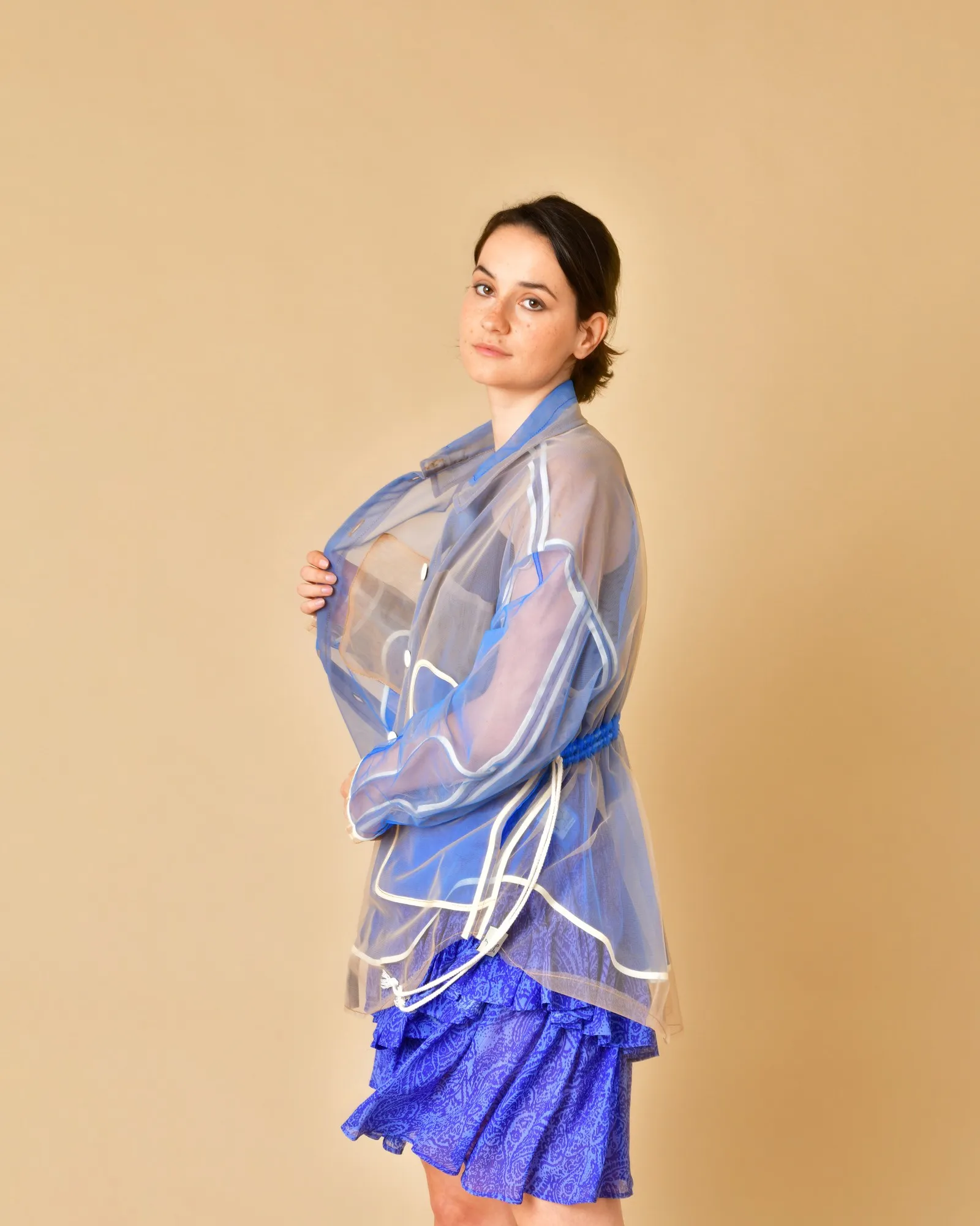 Veste en tulle transparente bleu T-Coat 