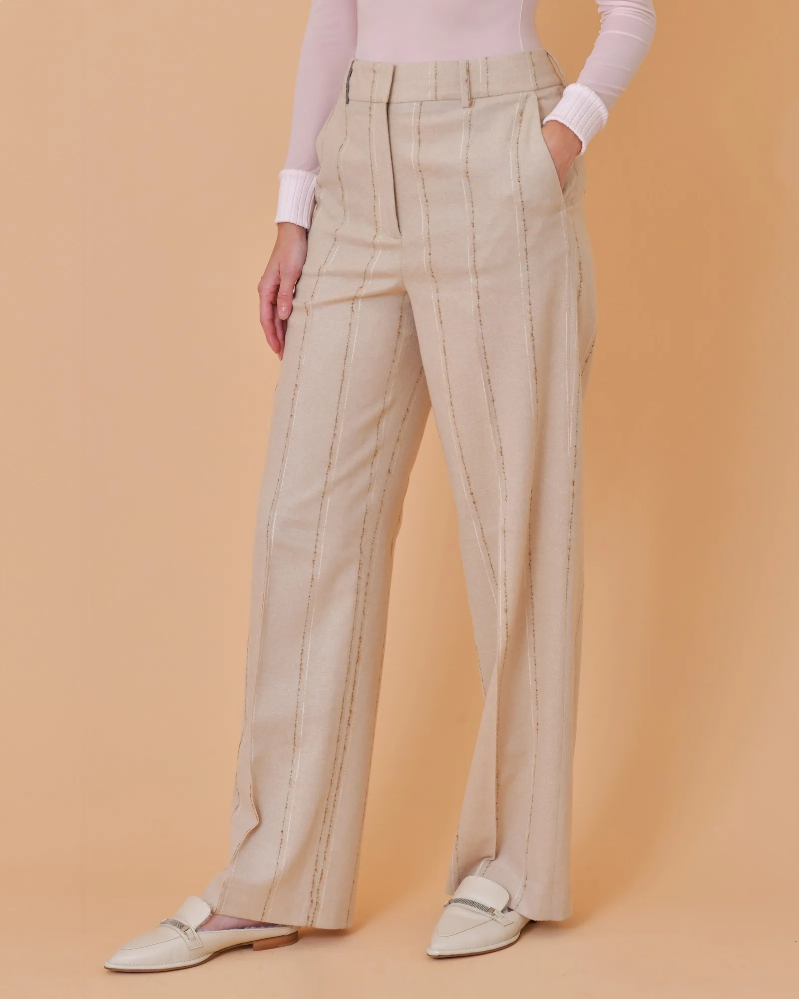 Pantalon en laine vierge beige avec des rayures Peserico 