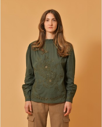 Blouse en coton vert à broderies Diega 