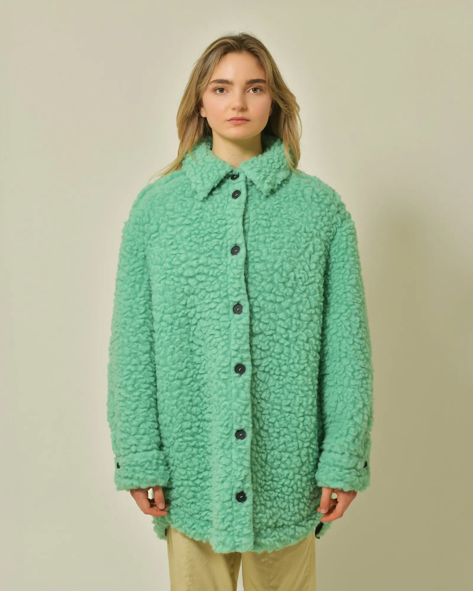 Manteau en laine bouclée verte T_Coat 