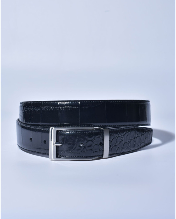 Ceinture en cuir noir effet croco verni réglable Falorni