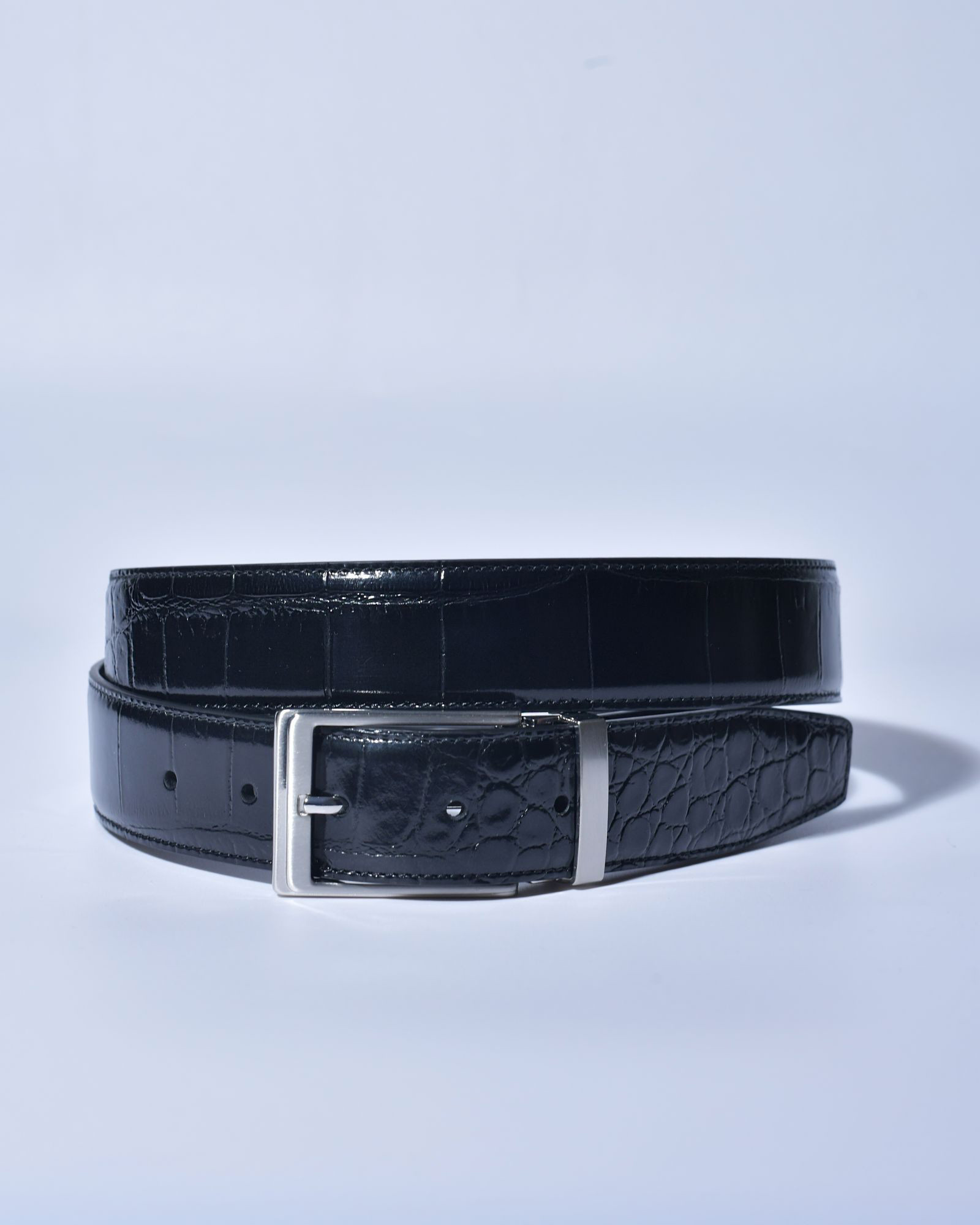 Ceinture en cuir noir effet croco verni réglable Falorni