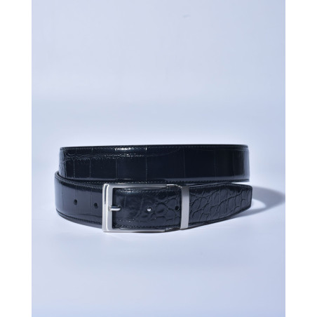 Ceinture en cuir noir effet croco verni réglable Falorni