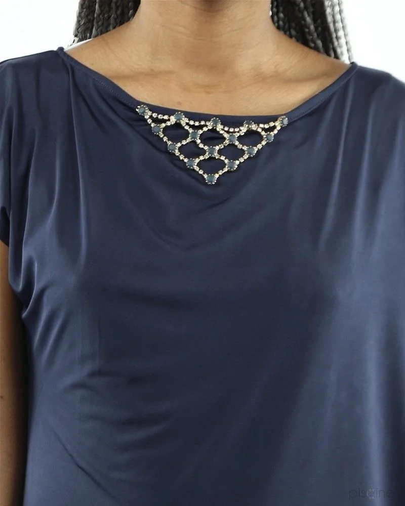 Top asymétrique col bijoux bleu Jijil 