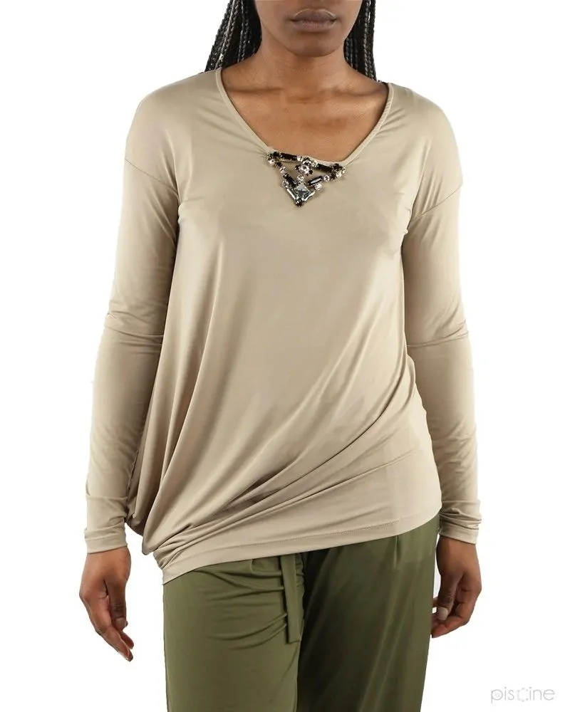 Blouse asymétrique froncée à bijoux beige Jijil 