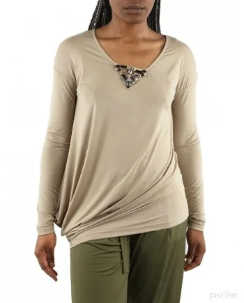 Blouse asymétrique froncée à bijoux beige Jijil 