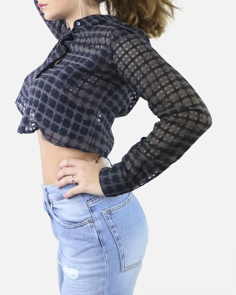 Chemisier crop top noir à carreaux Sara Roka 