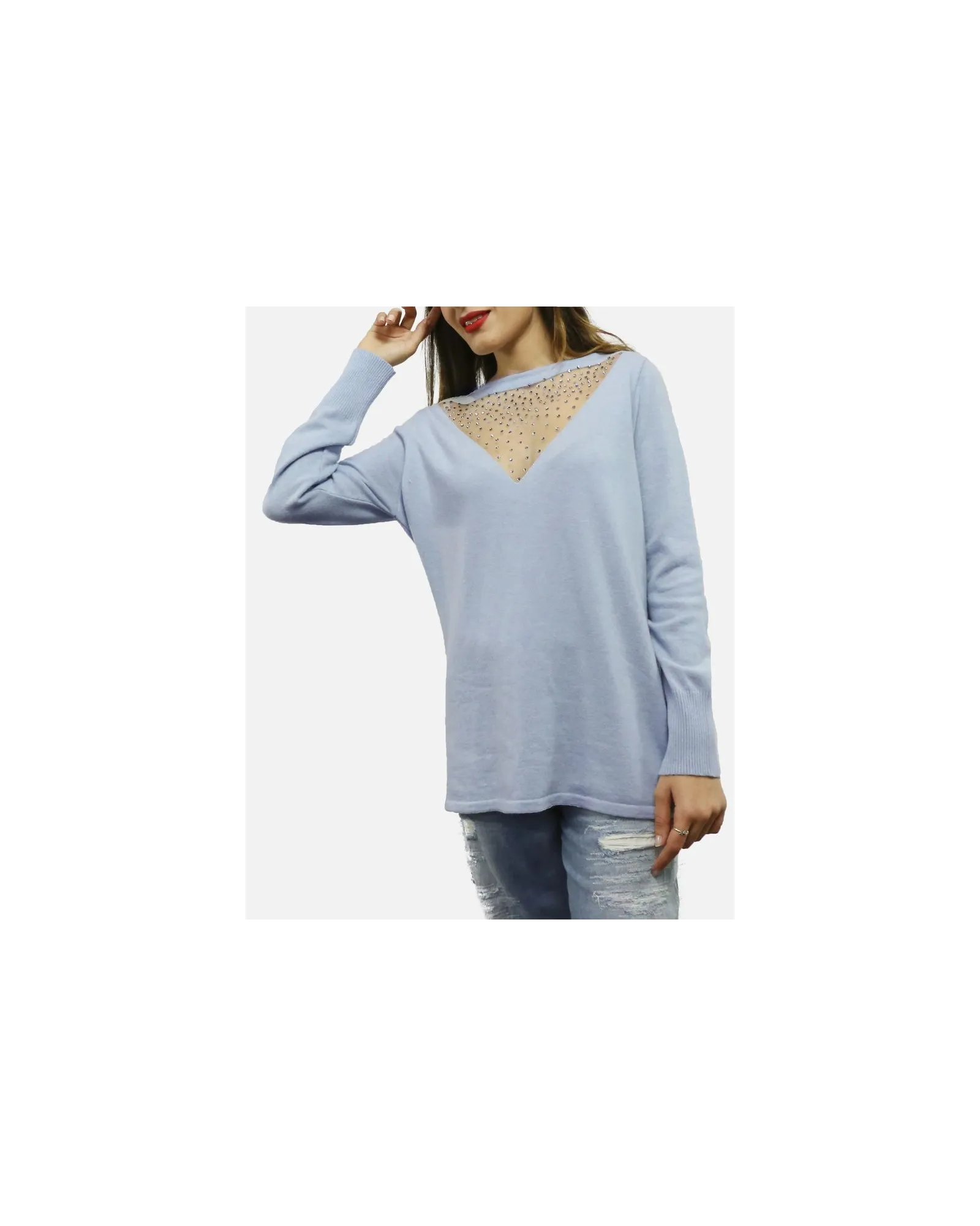 Pull en mérinos bleu décolleté transparent recouvert de strass Maria Grazia Severi 