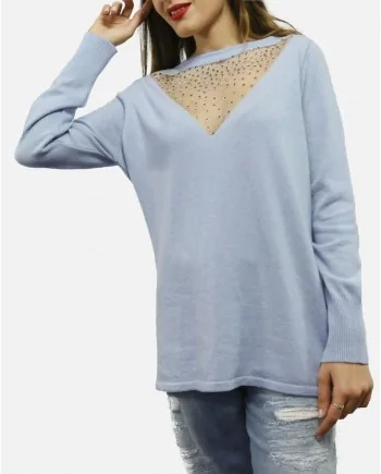 Pull en mérinos bleu décolleté transparent recouvert de strass Maria Grazia Severi 