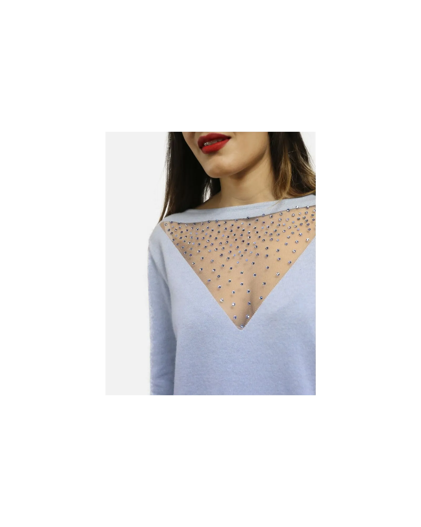 Pull en mérinos bleu décolleté transparent recouvert de strass Maria Grazia Severi 