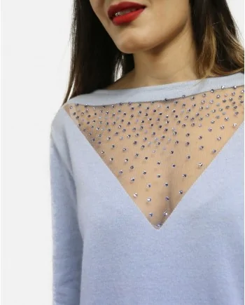 Pull en mérinos bleu décolleté transparent recouvert de strass Maria Grazia Severi 