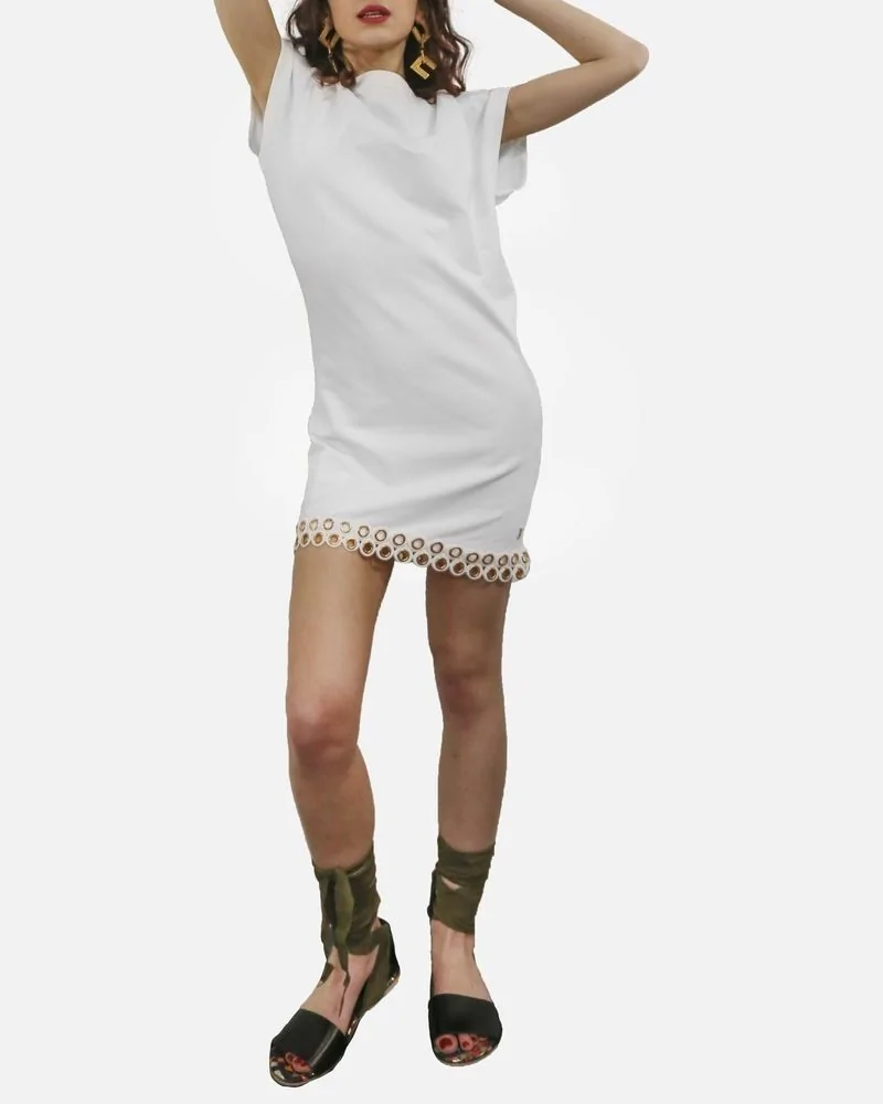 Robe courte en coton blanc à fantaisie œillets dorée Jijil 