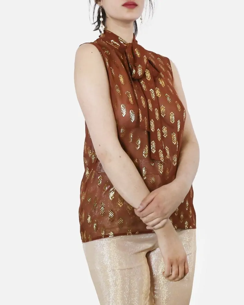 Blouse lavallière en soie lamée marron Space Simona Corsellini 