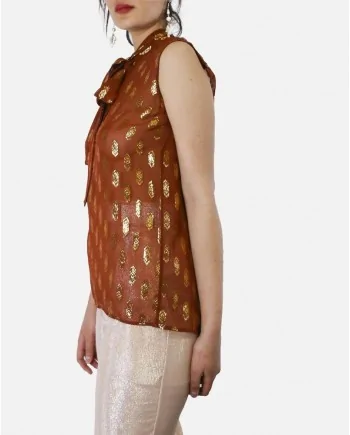 Blouse lavallière en soie lamée marron Space Simona Corsellini 