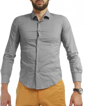 Chemise en coton gris à fines rayures Chrom 