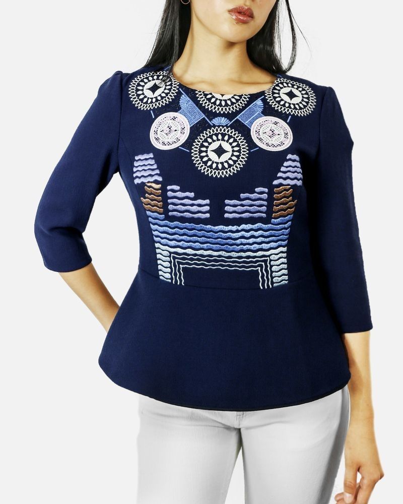 Top péplum bleu à broderie ethniques Peter Pilotto 