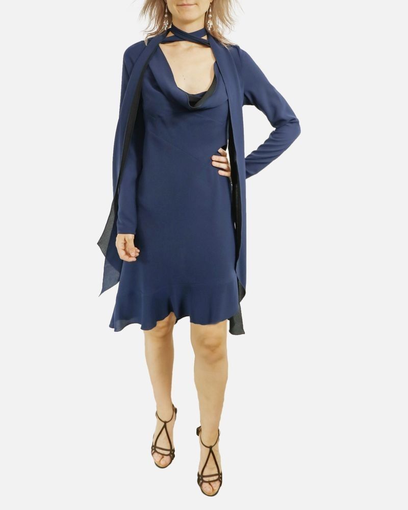 Robe en crêpe bleu à lavallière John Galliano 