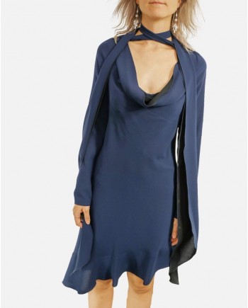 Robe en crêpe bleu à lavallière John Galliano 