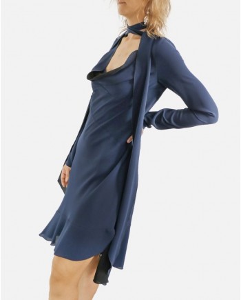 Robe en crêpe bleu à lavallière John Galliano 