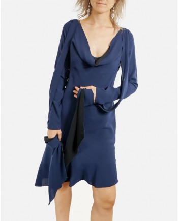 Robe en crêpe bleu à lavallière John Galliano 