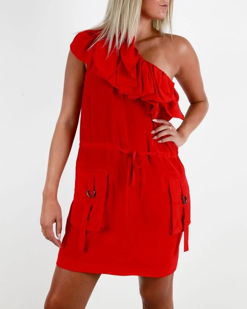 Robe en soie rouge asymétrique à volant Les Hommes 